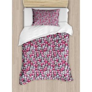 Ambesonne Christmas Duvet Cover Set, Floral Winter Red Bird Hat and Scarf on Blooming Tree Nature Inspired, Decorative 3 Piece Bedding Set with 2 Pillow Shams, Queen Size, Burgundy Green(Pink Tan Lilac)