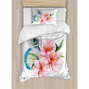 Ambesonne Christmas Duvet Cover Set, Floral Winter Red Bird Hat and Scarf on Blooming Tree Nature Inspired, Decorative 3 Piece Bedding Set with 2 Pillow Shams, Queen Size, Burgundy Green(Pink Grey)