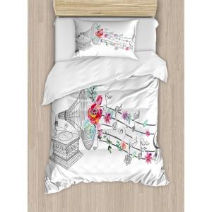 Ambesonne Christmas Duvet Cover Set, Floral Winter Red Bird Hat and Scarf on Blooming Tree Nature Inspired, Decorative 3 Piece Bedding Set with 2 Pillow Shams, Queen Size, Burgundy Green(Grey)