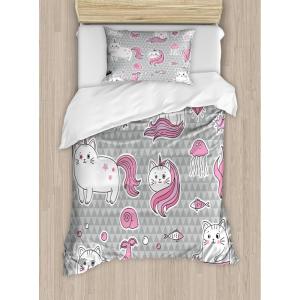 Ambesonne Christmas Duvet Cover Set, Floral Winter Red Bird Hat and Scarf on Blooming Tree Nature Inspired, Decorative 3 Piece Bedding Set with 2 Pillow Shams, Queen Size, Burgundy Green(Grey Pale Pink White)