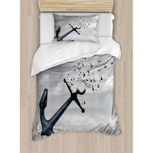 Ambesonne Christmas Duvet Cover Set, Floral Winter Red Bird Hat and Scarf on Blooming Tree Nature Inspired, Decorative 3 Piece Bedding Set with 2 Pillow Shams, Queen Size, Burgundy Green(Pale Grey)
