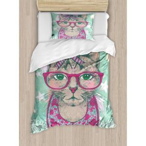 Ambesonne Christmas Duvet Cover Set, Floral Winter Red Bird Hat and Scarf on Blooming Tree Nature Inspired, Decorative 3 Piece Bedding Set with 2 Pillow Shams, Queen Size, Burgundy Green(Pink Green)