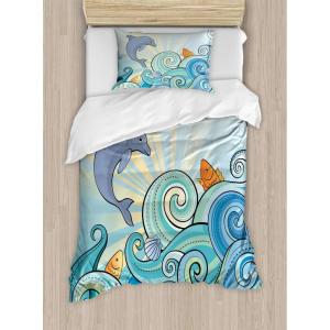 Ambesonne Christmas Duvet Cover Set, Floral Winter Red Bird Hat and Scarf on Blooming Tree Nature Inspired, Decorative 3 Piece Bedding Set with 2 Pillow Shams, Queen Size, Burgundy Green(Pastel Blue)