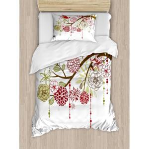 Ambesonne Christmas Duvet Cover Set, Floral Winter Red Bird Hat and Scarf on Blooming Tree Nature Inspired, Decorative 3 Piece Bedding Set with 2 Pillow Shams, Queen Size, Burgundy Green(Burgundy Green)