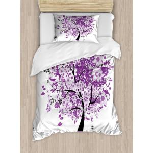 Ambesonne Christmas Duvet Cover Set, Floral Winter Red Bird Hat and Scarf on Blooming Tree Nature Inspired, Decorative 3 Piece Bedding Set with 2 Pillow Shams, Queen Size, Burgundy Green(Purple Lilac)
