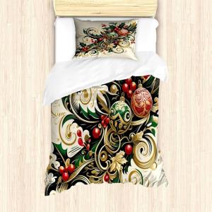 Ambesonne Christmas Duvet Cover Set, Floral Winter Red Bird Hat and Scarf on Blooming Tree Nature Inspired, Decorative 3 Piece Bedding Set with 2 Pillow Shams, Queen Size, Burgundy Green(Beige Green and Vermilion)