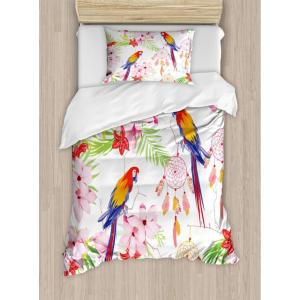 Ambesonne Christmas Duvet Cover Set, Floral Winter Red Bird Hat and Scarf on Blooming Tree Nature Inspired, Decorative 3 Piece Bedding Set with 2 Pillow Shams, Queen Size, Burgundy Green(Green Pink)