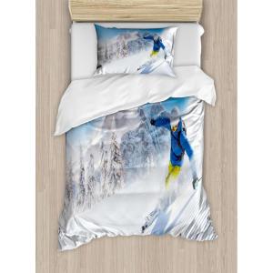 Ambesonne Christmas Duvet Cover Set, Merry Christmas Lettering on an Abstract Modern Snowflake Dot Pattern, Decorative 3 Piece Bedding Set with 2 Pillow Shams, King Size, Black Beige(Blue White Yellow)