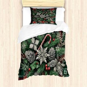 Ambesonne Christmas Duvet Cover Set, Merry Christmas Lettering on an Abstract Modern Snowflake Dot Pattern, Decorative 3 Piece Bedding Set with 2 Pillow Shams, King Size, Black Beige(Green Grey and Ruby)