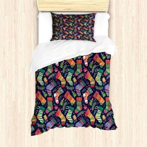 Ambesonne Christmas Duvet Cover Set, Merry Christmas Lettering on an Abstract Modern Snowflake Dot Pattern, Decorative 3 Piece Bedding Set with 2 Pillow Shams, King Size, Black Beige(Mustard and Multicolor)