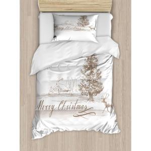Ambesonne Christmas Duvet Cover Set, Merry Christmas Lettering on an Abstract Modern Snowflake Dot Pattern, Decorative 3 Piece Bedding Set with 2 Pillow Shams, King Size, Black Beige(Brown)