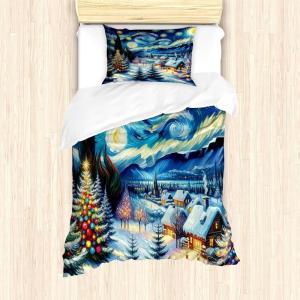 Ambesonne Christmas Duvet Cover Set, Merry Christmas Lettering on an Abstract Modern Snowflake Dot Pattern, Decorative 3 Piece Bedding Set with 2 Pillow Shams, King Size, Black Beige(Blue Evergreen and Mustard)