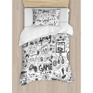Ambesonne Christmas Duvet Cover Set, Merry Christmas Lettering on an Abstract Modern Snowflake Dot Pattern, Decorative 3 Piece Bedding Set with 2 Pillow Shams, King Size, Black Beige(White and Charcoal)