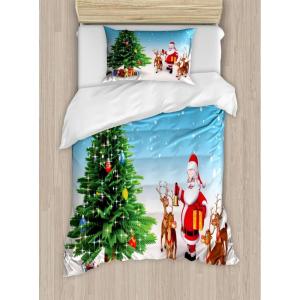 Ambesonne Christmas Duvet Cover Set, Merry Christmas Lettering on an Abstract Modern Snowflake Dot Pattern, Decorative 3 Piece Bedding Set with 2 Pillow Shams, King Size, Black Beige(Aqua Green)