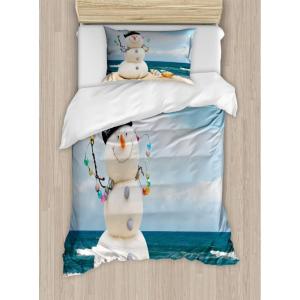 Ambesonne Christmas Duvet Cover Set, Vintage Merry Xmas Wreath Several Noel Yule and Ribbons Candles Bells Image, Decorative 3 Piece Bedding Set with 2 Pillow Shams, King Size, Red(Blue Sand)