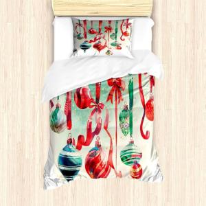 Ambesonne Christmas Duvet Cover Set, Vintage Merry Xmas Wreath Several Noel Yule and Ribbons Candles Bells Image, Decorative 3 Piece Bedding Set with 2 Pillow Shams, King Size, Red(Dark Coral Green Blue)