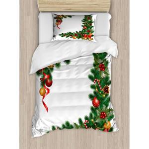 Ambesonne Christmas Duvet Cover Set, Vintage Merry Xmas Wreath Several Noel Yule and Ribbons Candles Bells Image, Decorative 3 Piece Bedding Set with 2 Pillow Shams, King Size, Red(Forest Green)