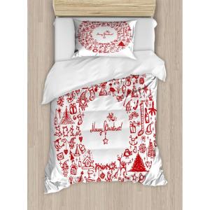 Ambesonne Christmas Duvet Cover Set, Vintage Merry Xmas Wreath Several Noel Yule and Ribbons Candles Bells Image, Decorative 3 Piece Bedding Set with 2 Pillow Shams, King Size, Red(Red)
