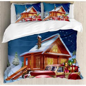 Ambesonne Christmas Duvet Cover Set, Vintage Merry Xmas Wreath Several Noel Yule and Ribbons Candles Bells Image, Decorative 3 Piece Bedding Set with 2 Pillow Shams, King Size, Red(Night Blue)