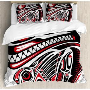 Ambesonne Christmas Duvet Cover Set, Watercolor Christmas Theme Fir Trees Abstract Silhouettes Illustration, Decorative 3 Piece Bedding Set with 2 Pillow Shams, Queen Size, Green Seafoam(Black Red)