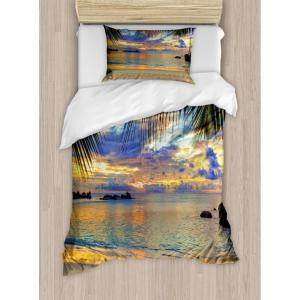 Ambesonne Christmas Duvet Cover Set, Watercolor Christmas Theme Fir Trees Abstract Silhouettes Illustration, Decorative 3 Piece Bedding Set with 2 Pillow Shams, Queen Size, Green Seafoam(Orange Blue)