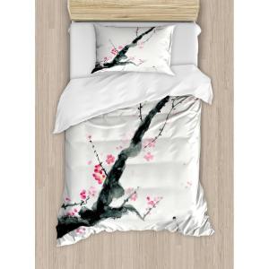Ambesonne Christmas Duvet Cover Set, Watercolor Christmas Theme Fir Trees Abstract Silhouettes Illustration, Decorative 3 Piece Bedding Set with 2 Pillow Shams, Queen Size, Green Seafoam(Pink Black)