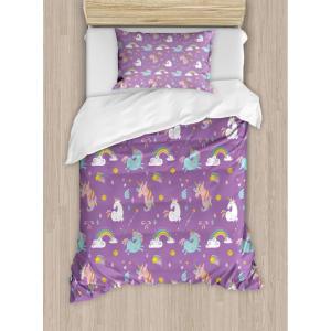 Ambesonne Christmas Duvet Cover Set, Watercolor Christmas Theme Fir Trees Abstract Silhouettes Illustration, Decorative 3 Piece Bedding Set with 2 Pillow Shams, Queen Size, Green Seafoam(Purple Teal)