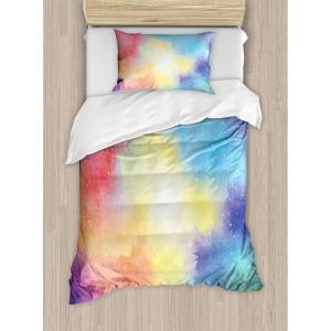 Ambesonne Christmas Duvet Cover Set, Watercolor Christmas Theme Fir Trees Abstract Silhouettes Illustration, Decorative 3 Piece Bedding Set with 2 Pillow Shams, Queen Size, Green Seafoam(Yellow Red)