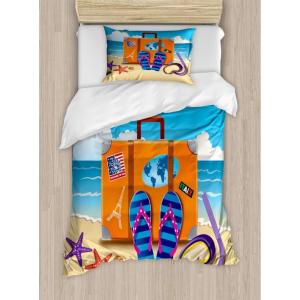 Ambesonne Christmas Duvet Cover Set, Watercolor Christmas Theme Fir Trees Abstract Silhouettes Illustration, Decorative 3 Piece Bedding Set with 2 Pillow Shams, Queen Size, Green Seafoam(Orange Sky Blue)