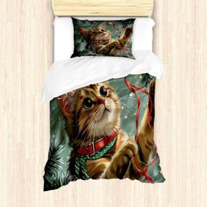 Ambesonne Christmas Duvet Cover Set, Watercolor Christmas Theme Fir Trees Abstract Silhouettes Illustration, Decorative 3 Piece Bedding Set with 2 Pillow Shams, Queen Size, Green Seafoam(Hunter Green and Vermilion)