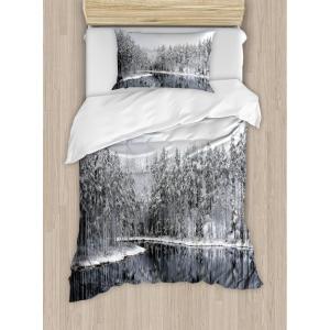 Ambesonne Christmas Duvet Cover Set, Watercolor Christmas Theme Fir Trees Abstract Silhouettes Illustration, Decorative 3 Piece Bedding Set with 2 Pillow Shams, Queen Size, Green Seafoam(White Grey)