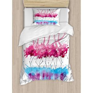 Ambesonne Christmas Duvet Cover Set, Watercolor Christmas Theme Fir Trees Abstract Silhouettes Illustration, Decorative 3 Piece Bedding Set with 2 Pillow Shams, Queen Size, Green Seafoam(Pink Blue)
