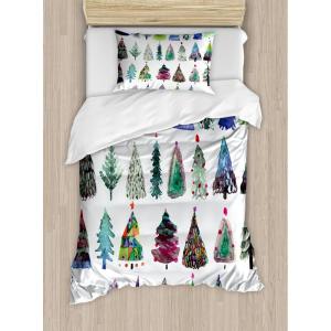 Ambesonne Christmas Duvet Cover Set, Watercolor Christmas Theme Fir Trees Abstract Silhouettes Illustration, Decorative 3 Piece Bedding Set with 2 Pillow Shams, Queen Size, Green Seafoam(Green Seafoam)