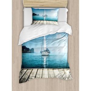 Ambesonne Christmas Duvet Cover Set, Watercolor Christmas Theme Fir Trees Abstract Silhouettes Illustration, Decorative 3 Piece Bedding Set with 2 Pillow Shams, Queen Size, Green Seafoam(Blue Brown)