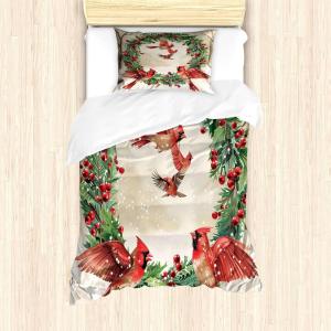 Ambesonne Christmas Duvet Cover Set, Xmas Baubles on Snow with Snowflakes Ice Holiday Humanitarian Artwork Illustration, Decorative 3 Piece Bedding Set with 2 Pillow Shams, Queen Size, White Red(Dark Coral Green and Beige)