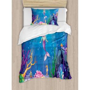 Ambesonne Christmas Duvet Cover Set, Xmas Baubles on Snow with Snowflakes Ice Holiday Humanitarian Artwork Illustration, Decorative 3 Piece Bedding Set with 2 Pillow Shams, Queen Size, White Red(Ocean Blue)
