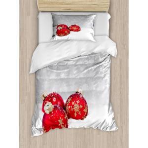 Ambesonne Christmas Duvet Cover Set, Xmas Baubles on Snow with Snowflakes Ice Holiday Humanitarian Artwork Illustration, Decorative 3 Piece Bedding Set with 2 Pillow Shams, Queen Size, White Red(White Red)