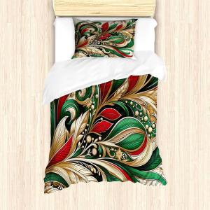 Ambesonne Christmas Duvet Cover Set, Xmas Baubles on Snow with Snowflakes Ice Holiday Humanitarian Artwork Illustration, Decorative 3 Piece Bedding Set with 2 Pillow Shams, Queen Size, White Red(Green Ecru Vermilion)