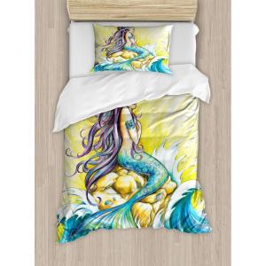 Ambesonne Christmas Duvet Cover Set, Xmas Baubles on Snow with Snowflakes Ice Holiday Humanitarian Artwork Illustration, Decorative 3 Piece Bedding Set with 2 Pillow Shams, Queen Size, White Red(Purple Yellow)