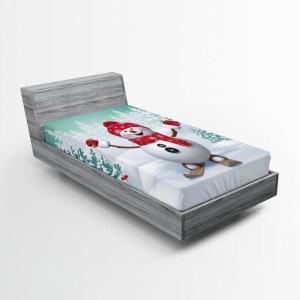 Ambesonne Christmas Fitted Sheet, Snowman with Santa Hat in The Garden with a Gift Box and Candle Cartoon Image, Soft Decorative Fabric Bedding All-Round Elastic Pocket, Twin Size, White Brown(White Teal)