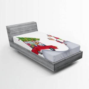 Ambesonne Christmas Fitted Sheet, Snowman with Santa Hat in The Garden with a Gift Box and Candle Cartoon Image, Soft Decorative Fabric Bedding All-Round Elastic Pocket, Twin Size, White Brown(Grey White)
