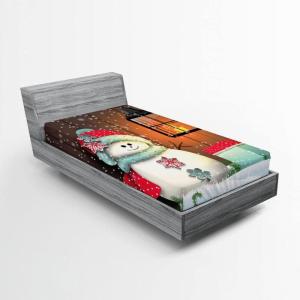Ambesonne Christmas Fitted Sheet, Snowman with Santa Hat in The Garden with a Gift Box and Candle Cartoon Image, Soft Decorative Fabric Bedding All-Round Elastic Pocket, Twin Size, White Brown(White Brown)