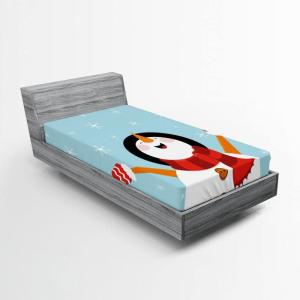 Ambesonne Christmas Fitted Sheet, Snowman with Santa Hat in The Garden with a Gift Box and Candle Cartoon Image, Soft Decorative Fabric Bedding All-Round Elastic Pocket, Twin Size, White Brown(Pale Blue)