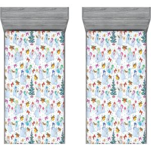 Ambesonne Christmas Fitted Sheet, Snowman with Santa Hat in The Garden with a Gift Box and Candle Cartoon Image, Soft Decorative Fabric Bedding All-Round Elastic Pocket, Twin Size, White Brown(Blue)
