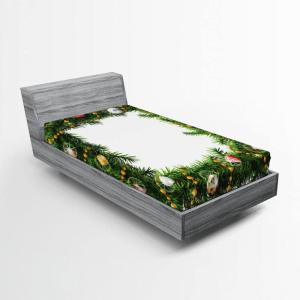 Ambesonne Christmas Fitted Sheet, Snowman with Santa Hat in The Garden with a Gift Box and Candle Cartoon Image, Soft Decorative Fabric Bedding All-Round Elastic Pocket, Twin Size, White Brown(Green and White)
