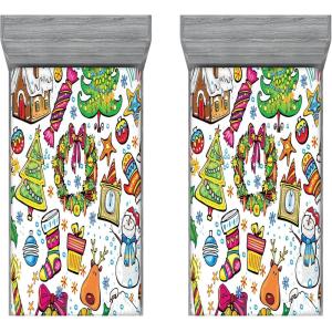 Ambesonne Christmas Fitted Sheet, Xmas Elements Candies Snowman Fir Sweets Celebration Theme, Bed Cover with All-Round Elastic Deep Pocket for Comfort, Twin XL Size, Orange White(Orange White)