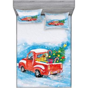 Ambesonne Christmas Fitted Sheet & Pillow Sham Set, Vintage Truck in Snowy Winter Scene Tree and Gifts Candy Cane Kids Print, Decorative Printed 3 Piece Bedding Decor Set, Full, Blue White Red