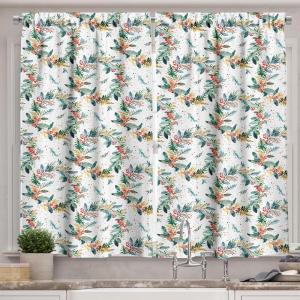 Ambesonne Christmas Kitchen Curtains, Modern Abstract Pine Trees Xmas Theme Dotted Background Print, Window Drapes 2 Panel Set Kitchen Cafe Decor, 55″ x 39″, Beige est Green and Coral(Teal Coral and Mustard)