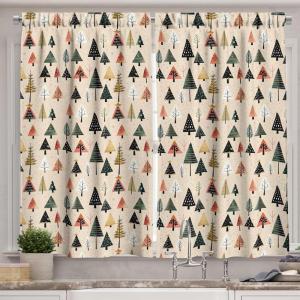 Ambesonne Christmas Kitchen Curtains, Modern Abstract Pine Trees Xmas Theme Dotted Background Print, Window Drapes 2 Panel Set Kitchen Cafe Decor, 55″ x 39″, Beige est Green and Coral(Beige Forest Green and Coral)
