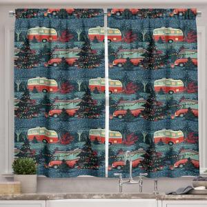 Ambesonne Christmas Kitchen Curtains, Modern Abstract Pine Trees Xmas Theme Dotted Background Print, Window Drapes 2 Panel Set Kitchen Cafe Decor, 55″ x 39″, Beige est Green and Coral(Night Blue and Hot Pink)